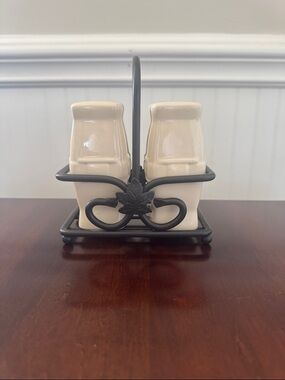 Longaberger Pottery Salt and Pepper Shakers with Black Wrought Iron Holder